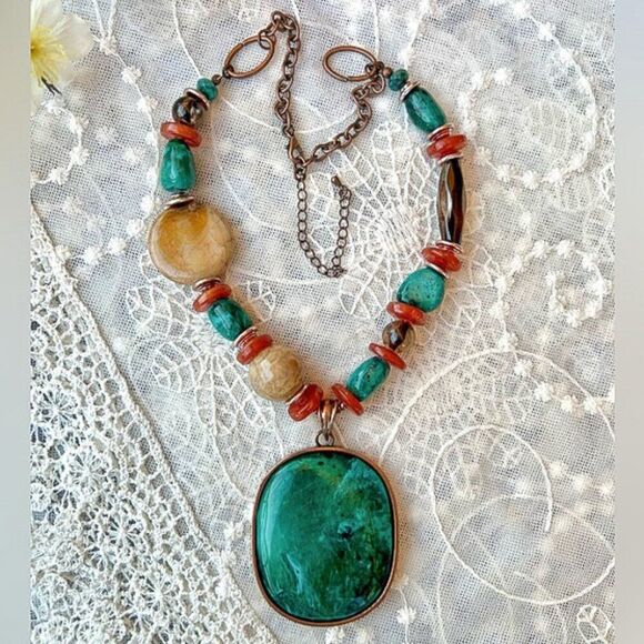 Asymmetrical Turquoise & Coral Beaded Fashion Statement Necklace - Picture 2 of 10